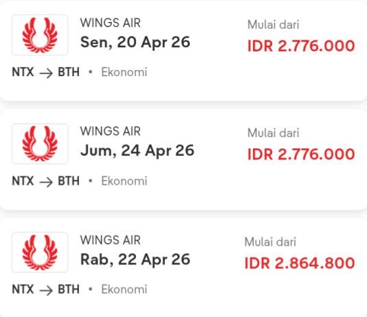 Tiket Pesawat Natuna “Maju” ke Batam Stabil Mahal, Tertinggi Rp2,8 Jutaan (1)