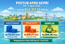 Postur APBD Kepri 11 April 2026, dari Rp3,3 Triliun, Realisasi Rp722,63 Miliar, Belanja Rp438,27 Miliar