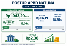 Postur APBD Natuna 21 April 2026, dari Rp1 Triliun, Realisasi Rp198,87 Miliar, Belanja Rp196,49 Miliar