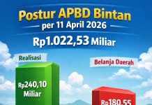 Postur APBD Bintan 11 April 2026, dari Rp1 Triliun, Realisasi Rp240,10 Miliar, Belanja Rp180,55 Miliar