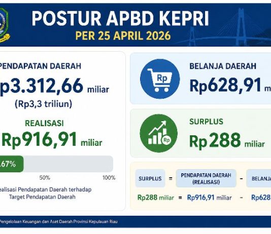 APBD Kepri 25 April 2026, dari Rp3,3 Triliun, Realisasi 916,91 Miliar, Belanja Rp628,91 miliar, Surplus Rp288 Miliar