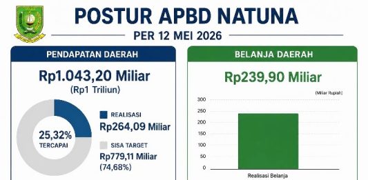 APBD Natuna 12 Mei 2026, dari Rp1 Triliun, Realisasi Rp264,09 Miliar, Belanja Rp239,90 Miliar, Surplus Rp24,19 Miliar