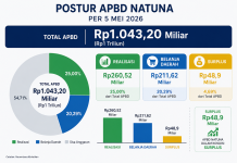 APBD Natuna 5 Mei 2026, dari Rp1 Triliun, Realisasi Rp260,52 Miliar, Belanja Rp211,62 Miliar, Surplus Rp48,9 Miliar