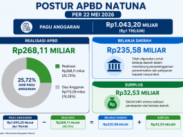 APBD Natuna 22 Mei 2026, dari Rp1 Triliun, Realisasi Rp268,11 Miliar, Belanja Rp235,58 Miliar, Surplus Rp32,53 Miliar