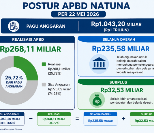 APBD Natuna 22 Mei 2026, dari Rp1 Triliun, Realisasi Rp268,11 Miliar, Belanja Rp235,58 Miliar, Surplus Rp32,53 Miliar
