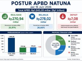 APBD Natuna 16 Juni 2026, dari Rp1 Triliun, Realisasi Rp270,94 Miliar, Belanja Rp278,02 Miliar, Defisit Rp7,08 Miliar