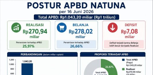 APBD Natuna 16 Juni 2026, dari Rp1 Triliun, Realisasi Rp270,94 Miliar, Belanja Rp278,02 Miliar, Defisit Rp7,08 Miliar